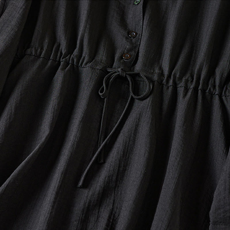 Robe mi-longue en coton à manches longues et col cranté avec cordon de serrage et poches - image 4