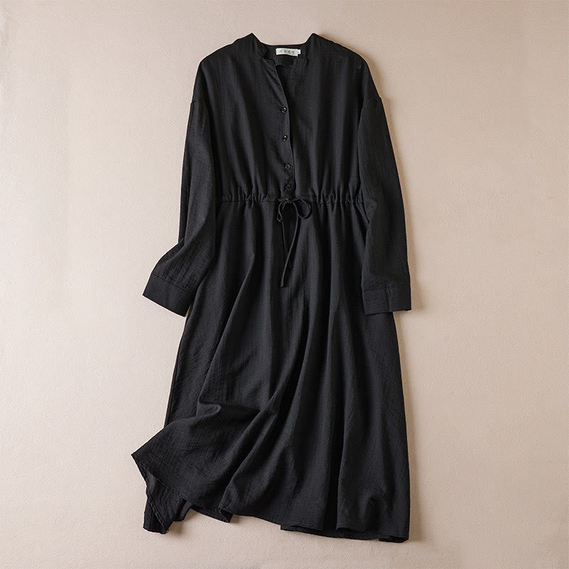 Robe mi-longue en coton à manches longues et col cranté avec cordon de serrage et poches - Noir - US8-10，UK/AU12-14，EU40-42 (2XL) - image 0