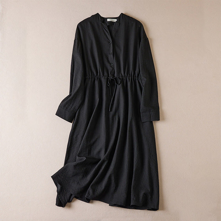 Robe mi-longue en coton à manches longues et col cranté avec cordon de serrage et poches - Noir - US8-10，UK/AU12-14，EU40-42 (2XL) - image 0