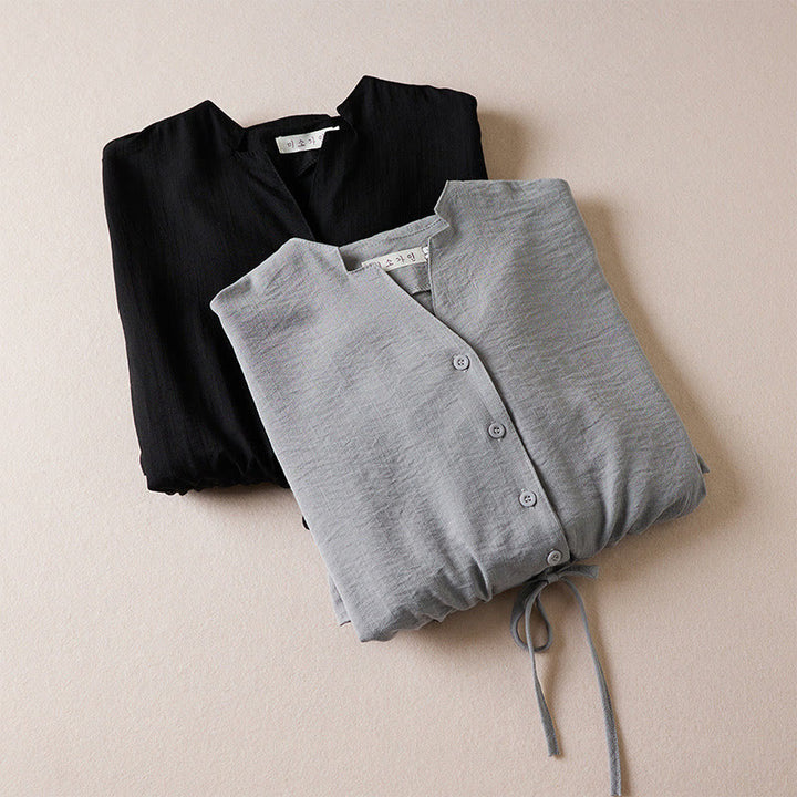 Robe mi-longue en coton à manches longues et col cranté avec cordon de serrage et poches - image 15