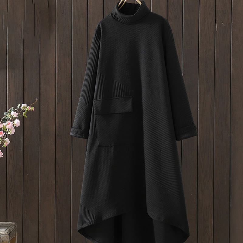 Robe mi-longue à col roulé et manches longues en coton avec poches et motif irrégulier de Buddha Stones - Noir - US8-10，UK/AU12-14，EU40-42 (2XL) - image 0