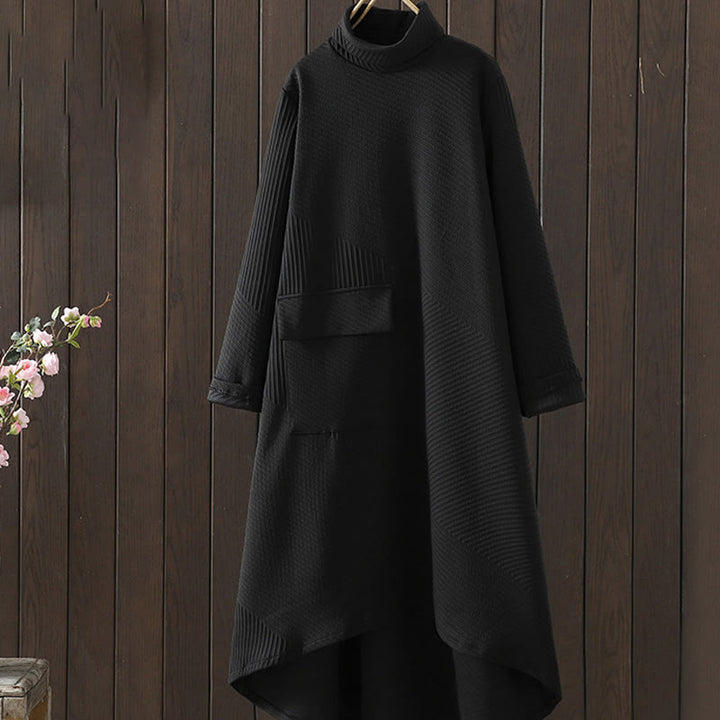 Robe mi-longue à col roulé et manches longues en coton avec poches et motif irrégulier de Buddha Stones - Noir - US8-10，UK/AU12-14，EU40-42 (2XL) - image 0