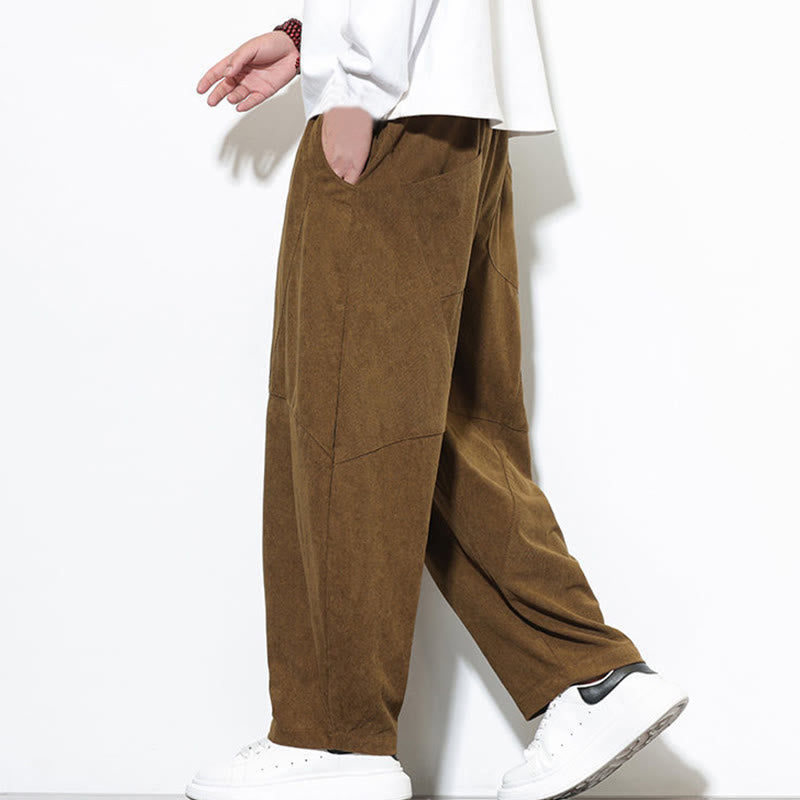 Pantalon Buddha Stones en velours côtelé de coton pour homme, couleur unie, avec cordon de serrage et poches - image 36
