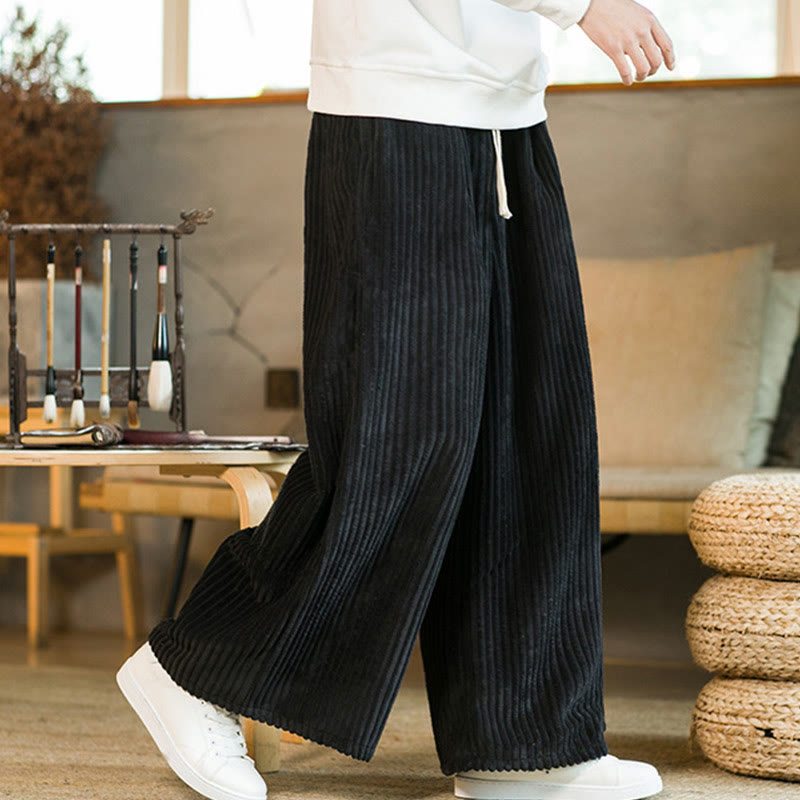 Pantalon large en velours côtelé de coton avec cordon de serrage et poches pour homme Buddha Stones Commute - Noir - US/UK/AU46，EU56 (5XL) - image 0