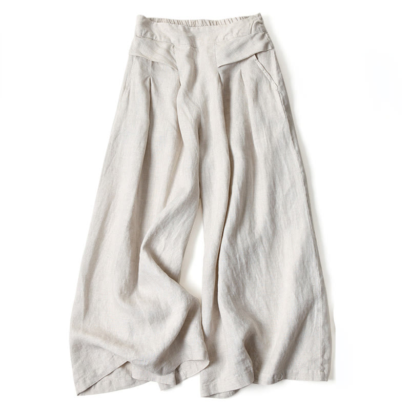 Pantalon large taille haute en coton et lin de couleur unie Buddha Stones avec poches - Beige - US16，UK/AU20，EU48 (3XL) - image 10