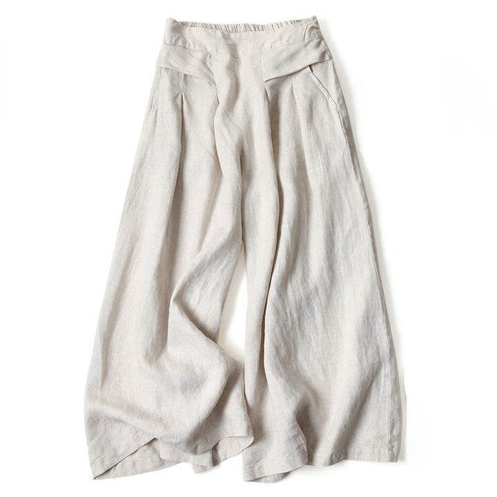 Pantalon large taille haute en coton et lin de couleur unie Buddha Stones avec poches - Beige - US16，UK/AU20，EU48 (3XL) - image 10