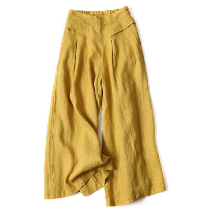 Pantalon large taille haute en coton et lin de couleur unie Buddha Stones avec poches - Jaune - US16，UK/AU20，EU48 (3XL) - image 0