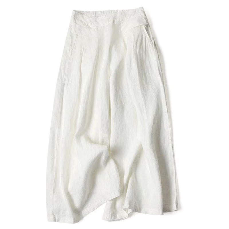Pantalon large taille haute en coton et lin de couleur unie Buddha Stones avec poches - Blanc - US16，UK/AU20，EU48 (3XL) - image 24