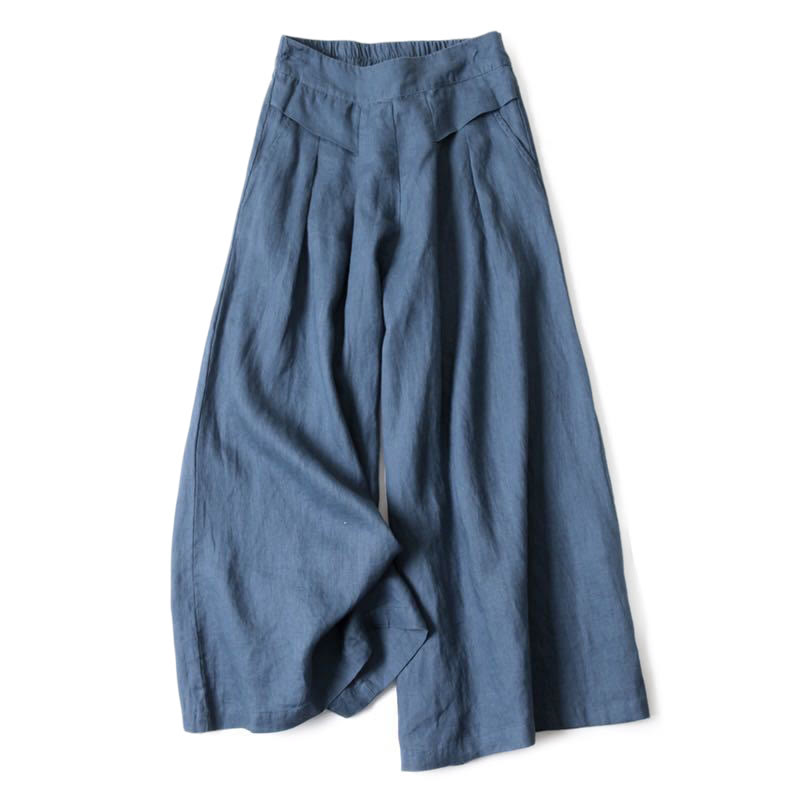 Pantalon large taille haute en coton et lin de couleur unie Buddha Stones avec poches - Bleu acier - US16，UK/AU20，EU48 (3XL) - image 5