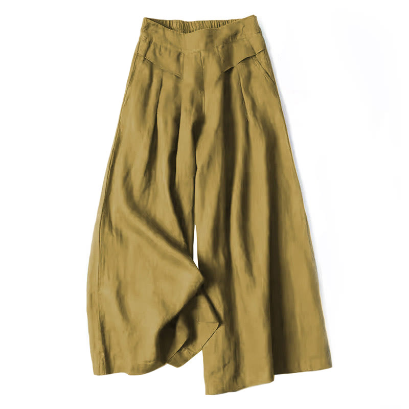 Pantalon large taille haute en coton et lin de couleur unie Buddha Stones avec poches - Kaki foncé - US16，UK/AU20，EU48 (3XL) - image 9