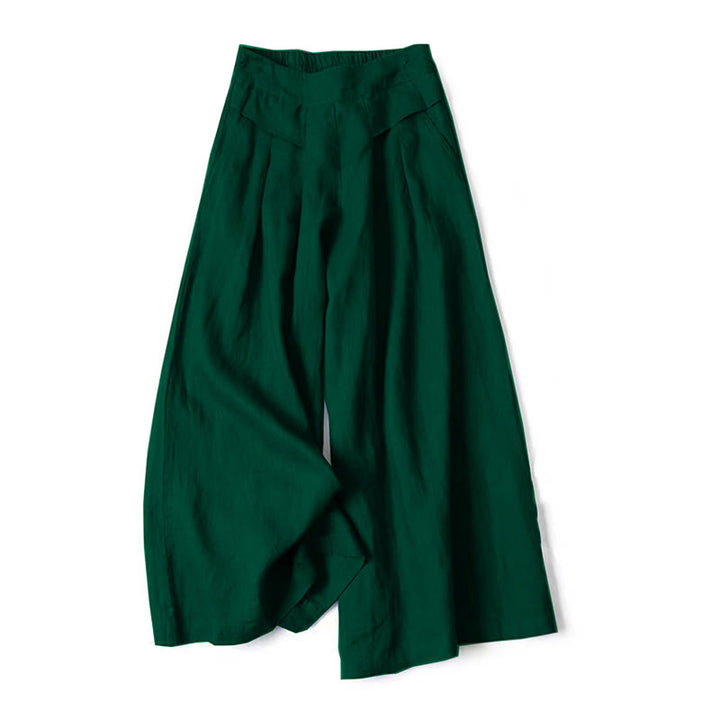 Pantalon large taille haute en coton et lin de couleur unie Buddha Stones avec poches - Vert foncé - US16，UK/AU20，EU48 (3XL) - image 19