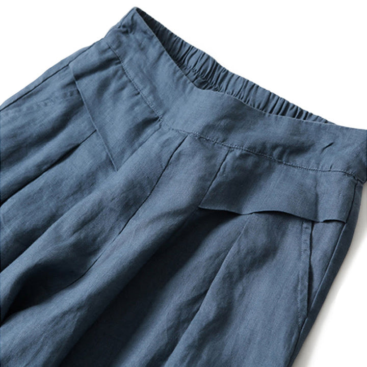 Pantalon large taille haute en coton et lin de couleur unie Buddha Stones avec poches - image 6