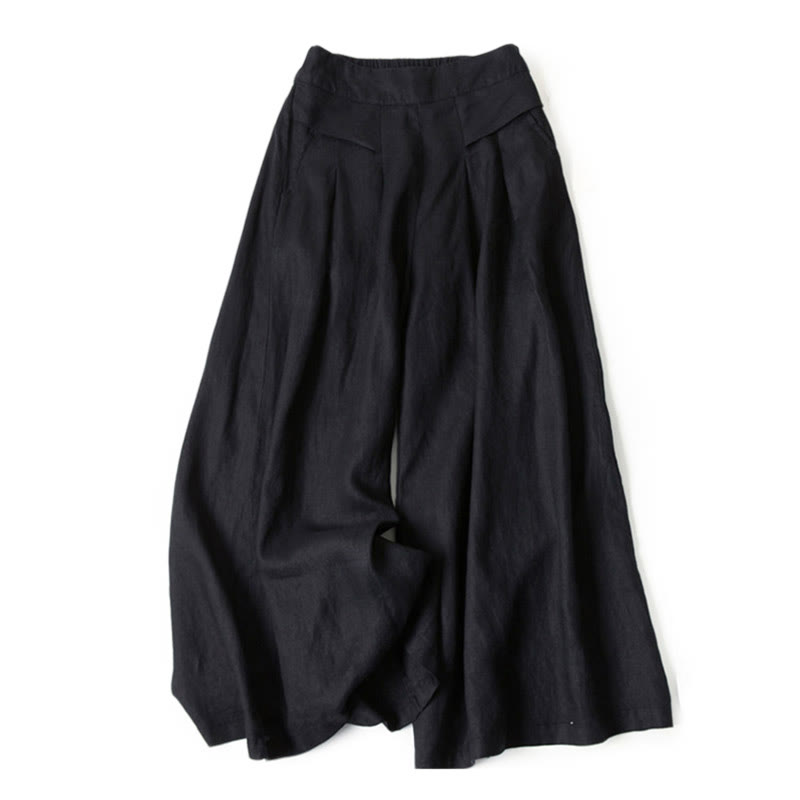Pantalon large taille haute en coton et lin de couleur unie Buddha Stones avec poches - Noir - US16，UK/AU20，EU48 (3XL) - image 21