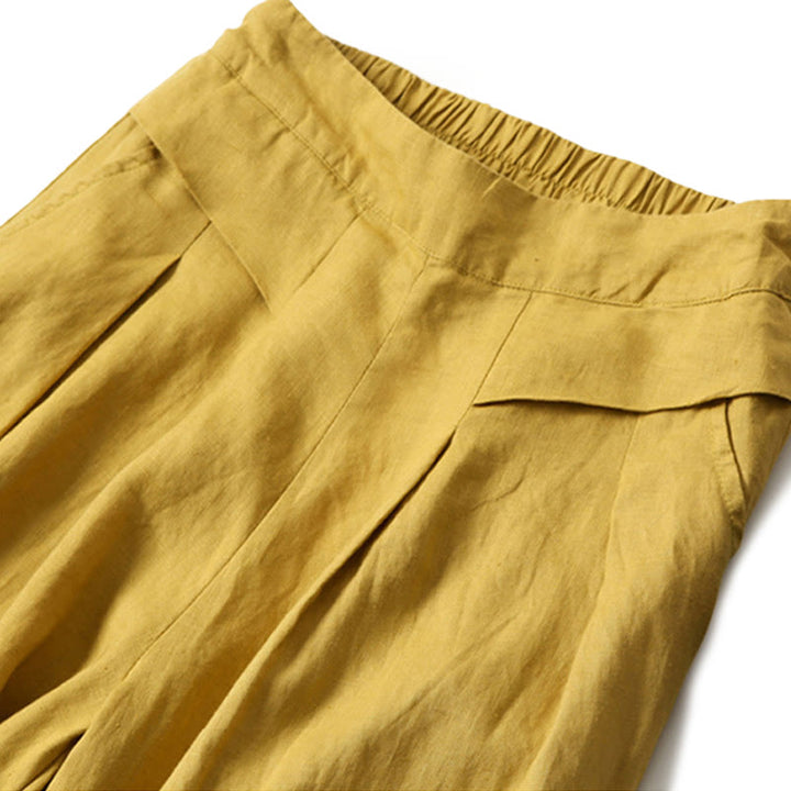 Pantalon large taille haute en coton et lin de couleur unie Buddha Stones avec poches - image 1