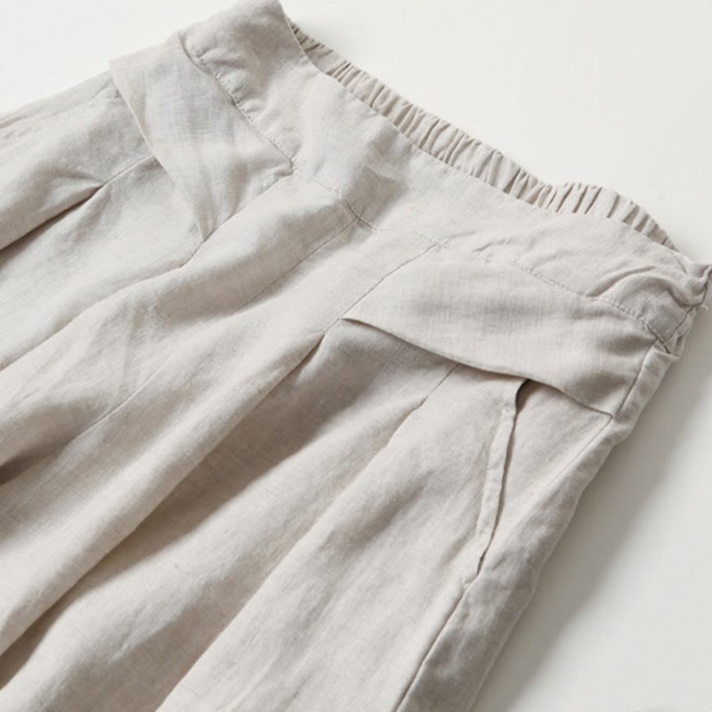 Pantalon large taille haute en coton et lin de couleur unie Buddha Stones avec poches - image 11