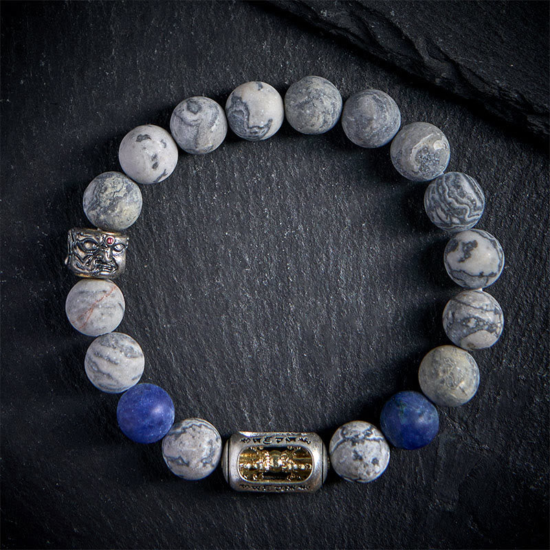 Bracelet de guérison du visage de Buddha Stones naturelles de jaspe gris sodalite Om Mani Padme Hum - 20 cm - image 0