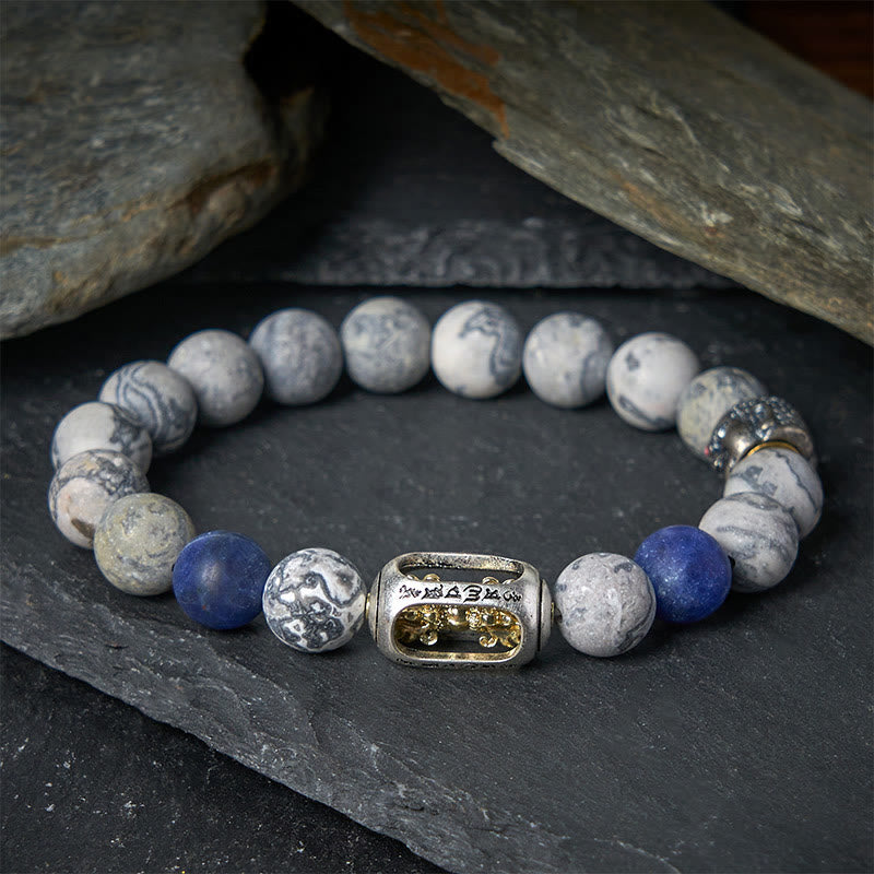 Bracelet de guérison du visage de Buddha Stones naturelles de jaspe gris sodalite Om Mani Padme Hum - image 1