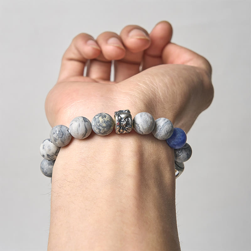 Bracelet de guérison du visage de Buddha Stones naturelles de jaspe gris sodalite Om Mani Padme Hum - image 3
