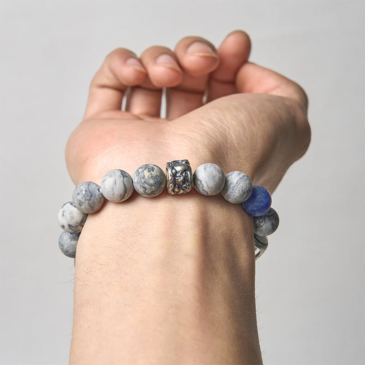 Bracelet de guérison du visage de Buddha Stones naturelles de jaspe gris sodalite Om Mani Padme Hum - image 3