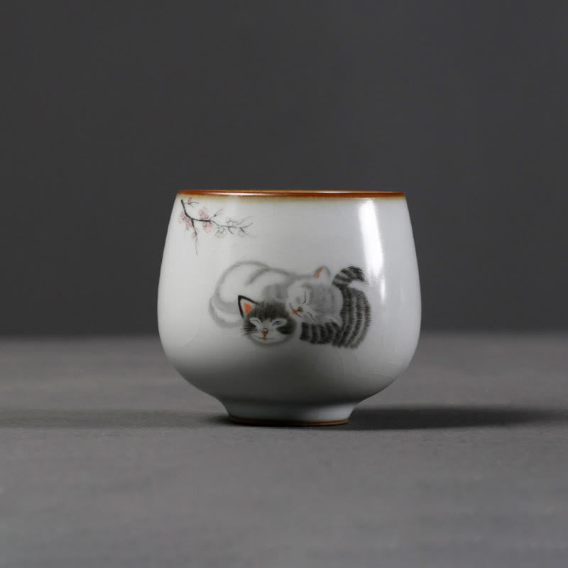 Buddha Stones Tasse à thé Kung Fu avec motif de chat mignon et branches, présentée dans un coffret cadeau. - image 8