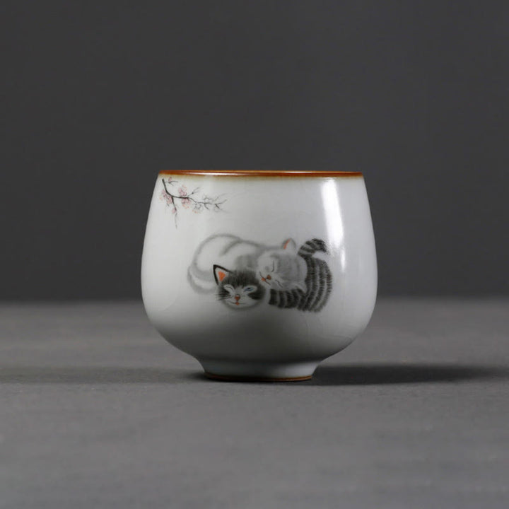 Buddha Stones Tasse à thé Kung Fu avec motif de chat mignon et branches, présentée dans un coffret cadeau. - image 8