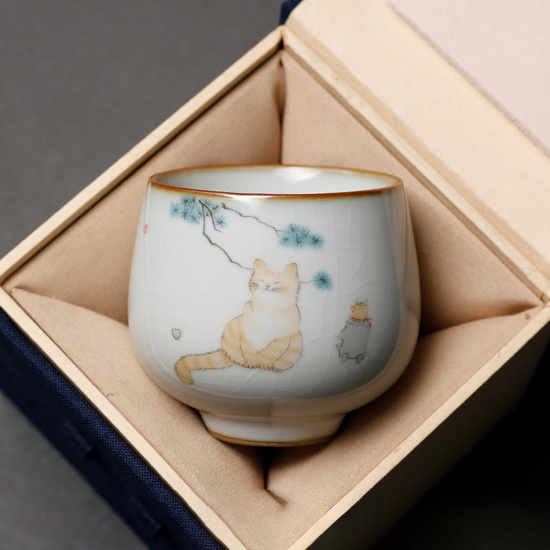 Buddha Stones Tasse à thé Kung Fu avec motif de chat mignon et branches, présentée dans un coffret cadeau. - image 1