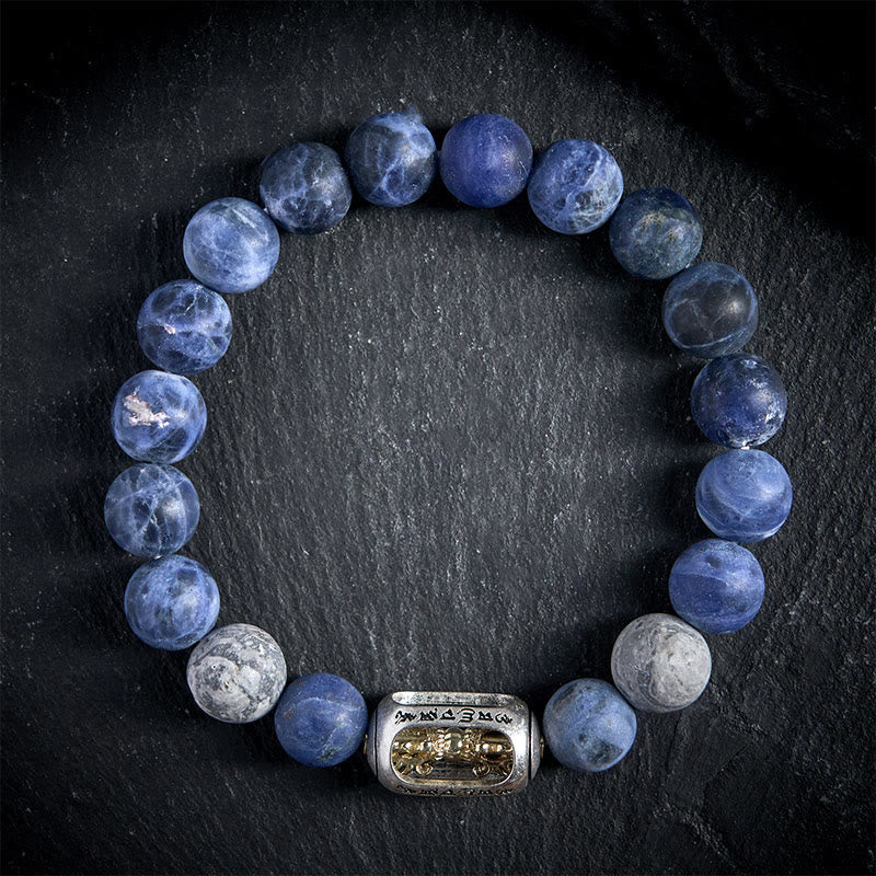 Bracelet d' Buddha Stones Om Mani Padme Hum en sodalite naturelle et jaspe gris - 20 cm - image 0
