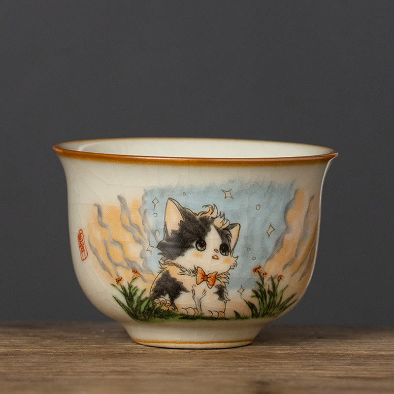 Tasse à thé Kung Fu en forme de chat avec nœud papillon et Buddha Stones - Chat 5,8 cm x 4 cm x 65 ml - image 1
