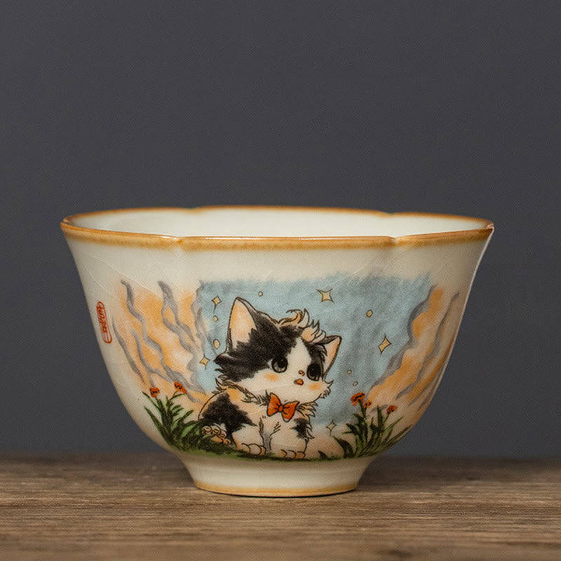 Tasse à thé Kung Fu en forme de chat avec nœud papillon et Buddha Stones - Chat 6,7 cm x 4 cm x 65 ml - image 2