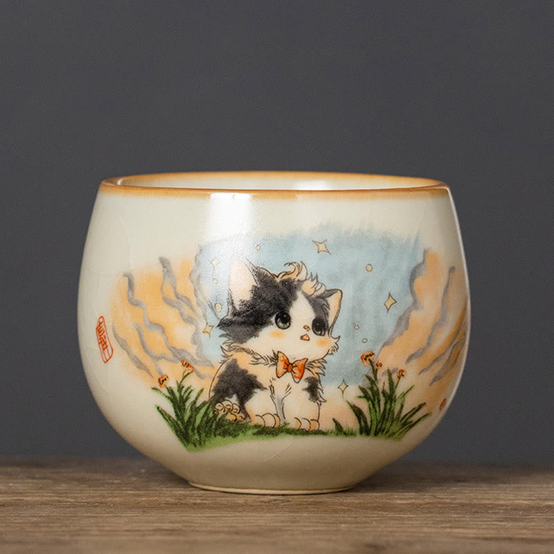 Tasse à thé Kung Fu en forme de chat avec nœud papillon et Buddha Stones - Chat 6 cm x 4,7 cm x 70 ml - image 0