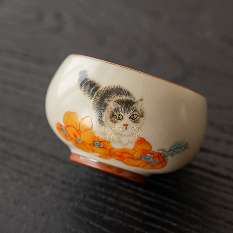 Buddha Stones Tasse à thé mignonne en forme de chat kaki Tasse à thé Kung Fu - image 2