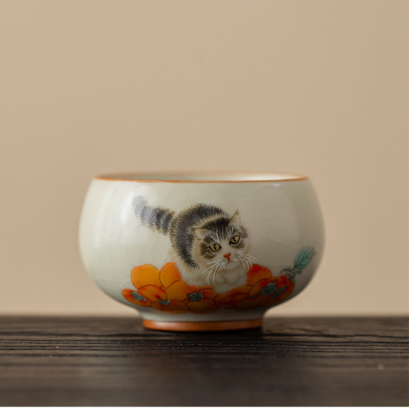Buddha Stones Tasse à thé mignonne en forme de chat kaki Tasse à thé Kung Fu - Chat 5,7 cm x 4,2 cm x 75 ml - image 0