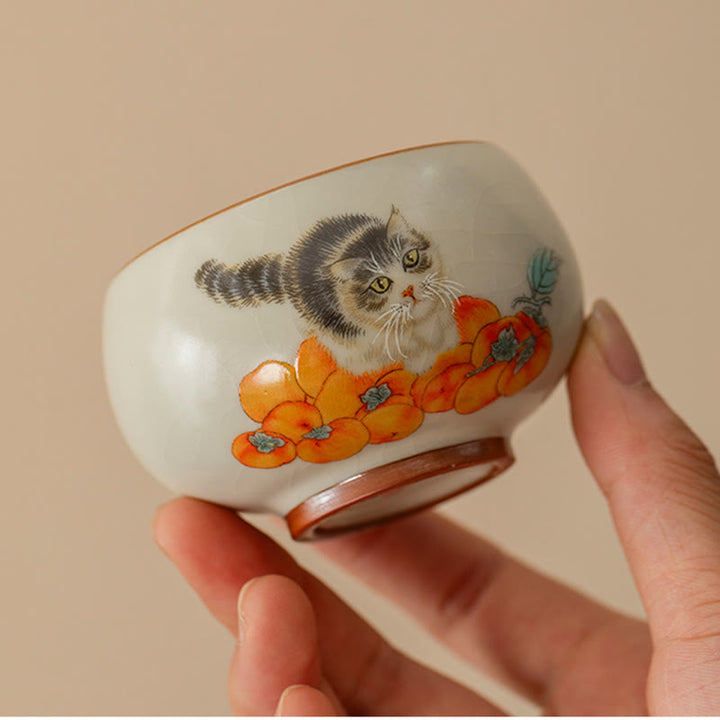 Buddha Stones Tasse à thé mignonne en forme de chat kaki Tasse à thé Kung Fu - image 4