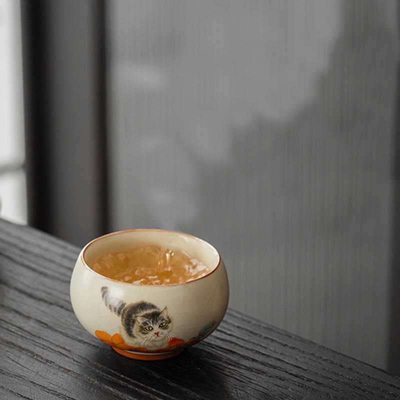 Buddha Stones Tasse à thé mignonne en forme de chat kaki Tasse à thé Kung Fu - image 5