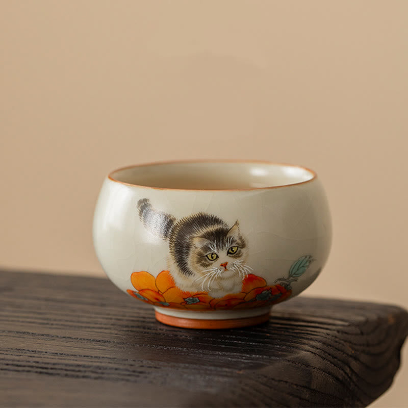 Buddha Stones Tasse à thé mignonne en forme de chat kaki Tasse à thé Kung Fu - image 1
