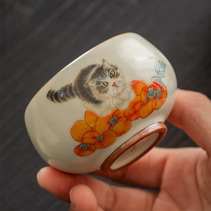 Buddha Stones Tasse à thé mignonne en forme de chat kaki Tasse à thé Kung Fu - image 3