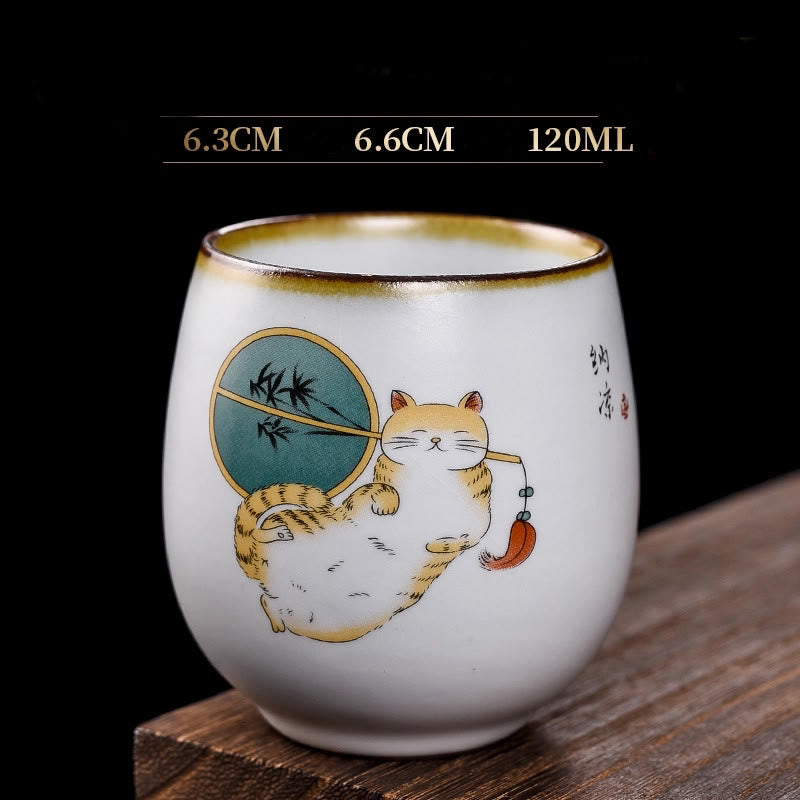 Tasse à thé Kung Fu en forme de branches de chat couché mignon avec Buddha Stones et boîte cadeau - Chat couché et éventail 6,3 cm x 6,6 cm x 120 ml - image 14