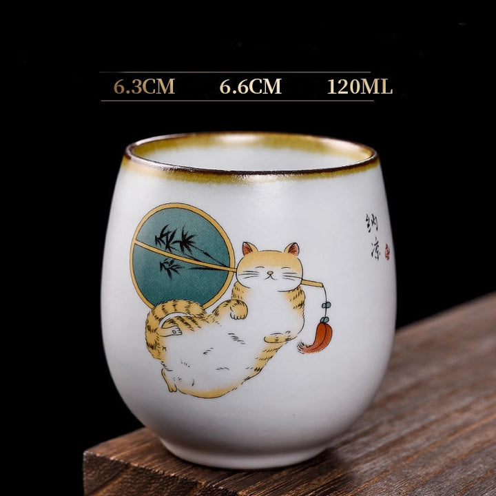 Tasse à thé Kung Fu en forme de branches de chat couché mignon avec Buddha Stones et boîte cadeau - Chat couché et éventail 6,3 cm x 6,6 cm x 120 ml - image 14