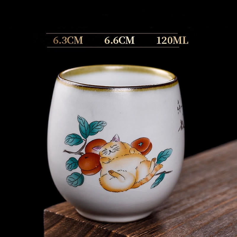 Tasse à thé Kung Fu en forme de branches de chat couché mignon avec Buddha Stones et boîte cadeau - Chat couché et branches 6,3 cm x 6,6 cm x 120 ml - image 0