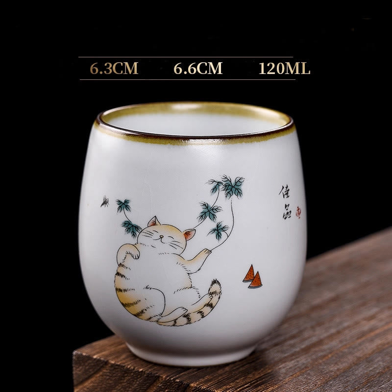 Tasse à thé Kung Fu en forme de branches de chat couché mignon avec Buddha Stones et boîte cadeau - Chat couché et feuilles 6,3 cm x 6,6 cm x 120 ml - image 13