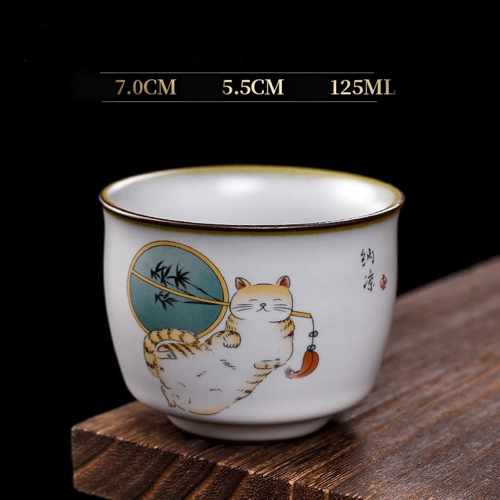 Tasse à thé Kung Fu en forme de branches de chat couché mignon avec Buddha Stones et boîte cadeau - Chat couché et éventail 7 cm x 5,5 cm x 125 ml - image 19