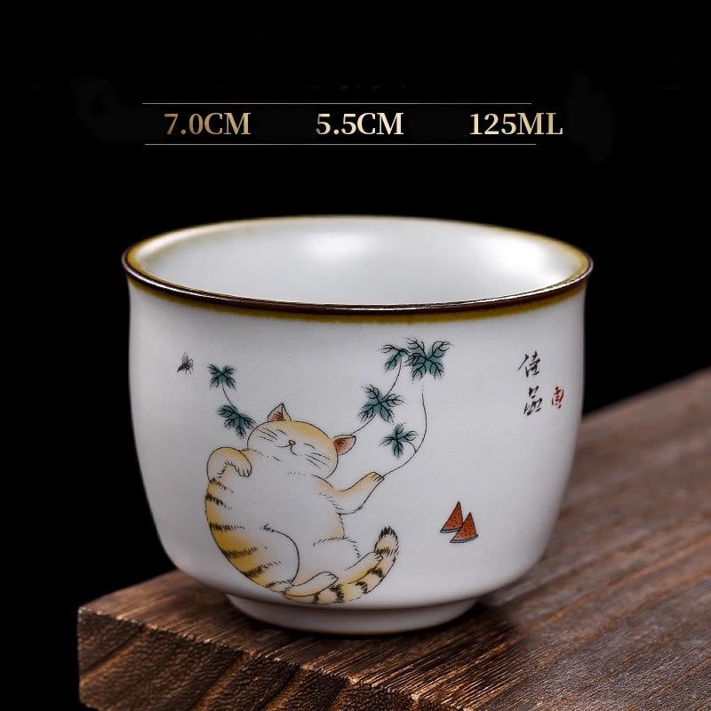 Tasse à thé Kung Fu en forme de branches de chat couché mignon avec Buddha Stones et boîte cadeau - Chat couché et feuilles 7 cm x 5,5 cm x 125 ml - image 18