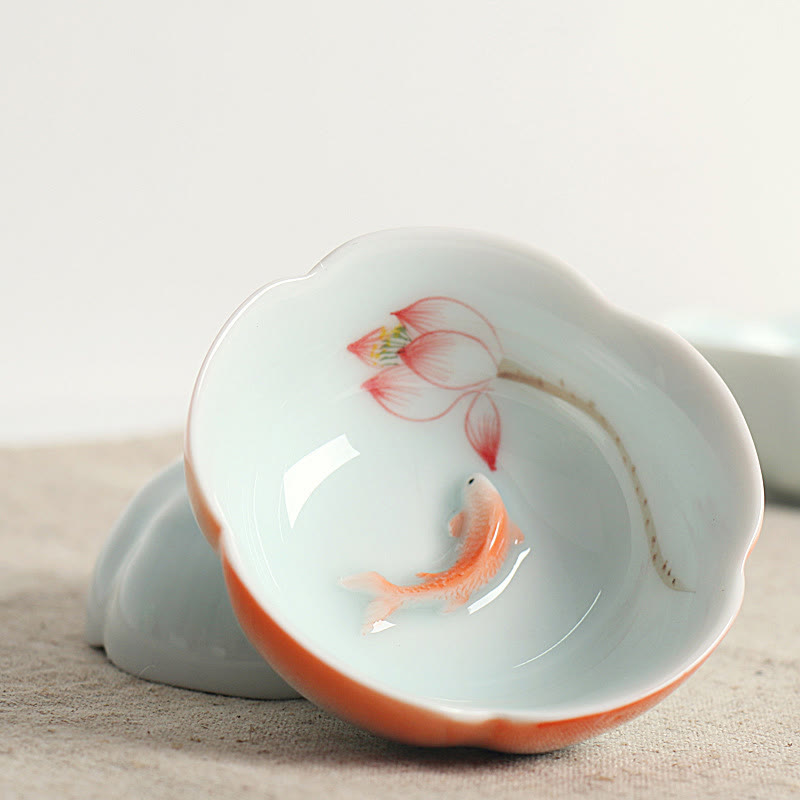 Buddha Stones Koi Poisson Lotus Main Tasse à Thé Tasse à Thé Kung Fu - Poisson Koi rouge et lotus rouge 8,8 cm x 3 cm x 3,5 cm - image 0