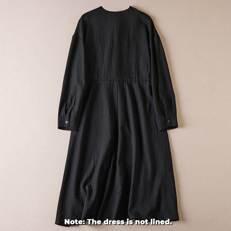 Robe mi-longue en coton à manches longues et col cranté avec cordon de serrage et poches - image 1