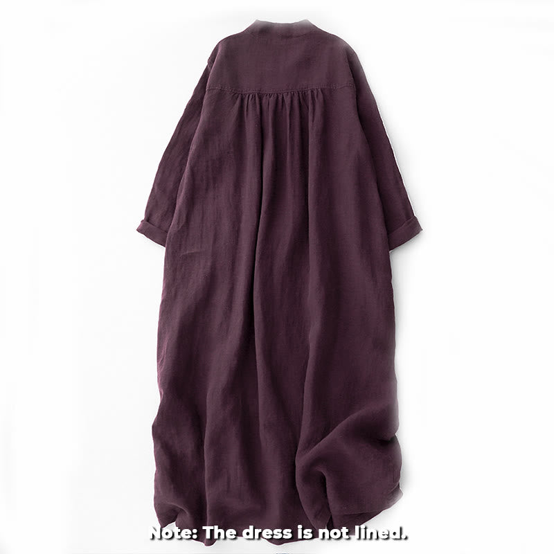 Robe mi-longue en coton à manches longues et col en V avec boutons et pierres de Buddha Stones Fall, magenta foncé - image 1