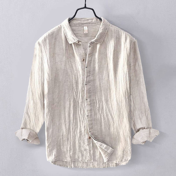 Chemise homme Buddha Stones, couleur unie, revers, manches longues, confortable, boutonnée, en coton et lin - Beige - US/UK/AU50，EU60 (5XL) - image 14