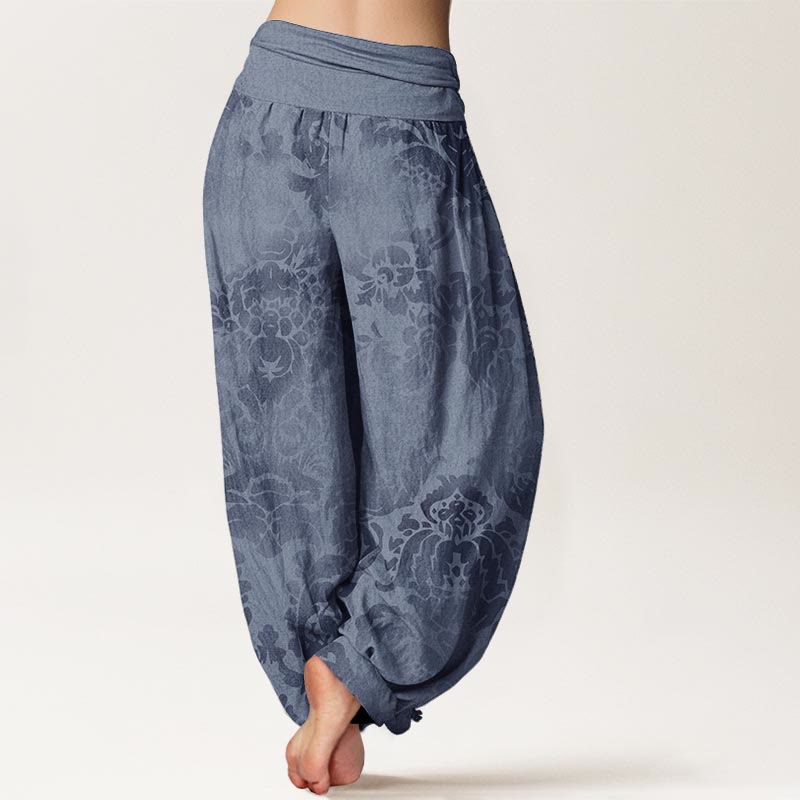 Pantalon Buddha Stones décontracté en pur coton avec motif de fleurs et de feuilles pour femme, taille élastique - image 1