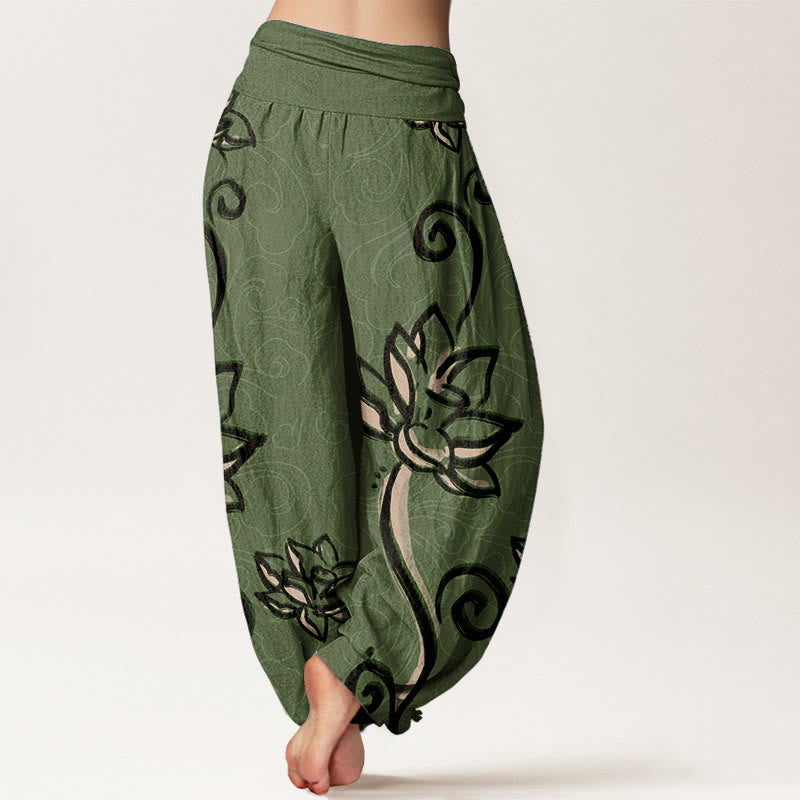 Pantalon sarouel décontracté en pur coton avec Buddha Stones et nuages ​​de bon augure pour femme, taille élastique - image 1