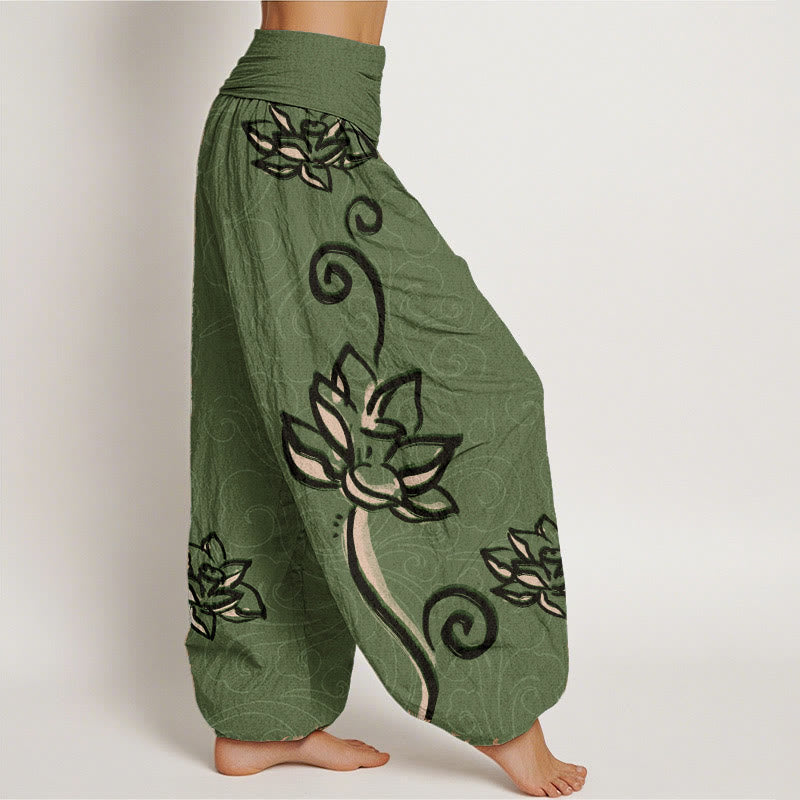 Pantalon sarouel décontracté en pur coton avec Buddha Stones et nuages ​​de bon augure pour femme, taille élastique - image 2