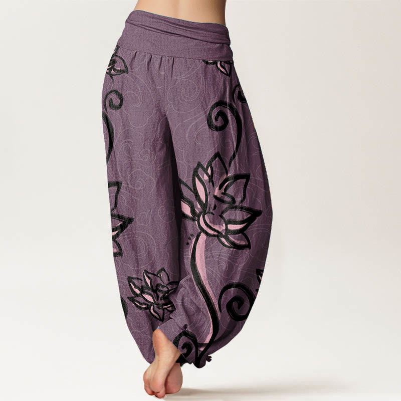 Pantalon sarouel décontracté en pur coton avec Buddha Stones et nuages ​​de bon augure pour femme, taille élastique - image 10